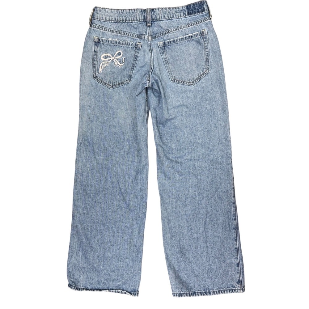 Hollister Embroidered Bow Low-Rise Baggy Jeans Medium Wash 2R W26 Y2K Coquette - Picture 7 of 16